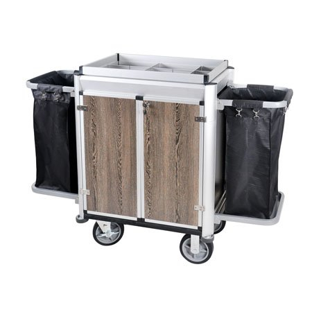 Carro de limpieza con puerta para conserje, asistente de habitación de limpieza de aluminio del hotel 
