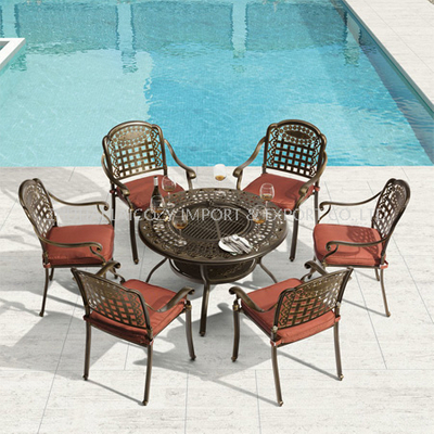 Muebles de exterior Mesa de barbacoa de aluminio fundido con seis sillas con cojín